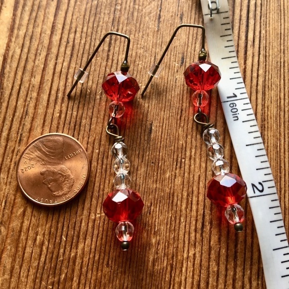 * Ladies Red and Clear Long Clear Beaded Dangle Earrings, Handmade - Picture 2 of 2